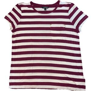 Lauren Ralph Lauren Striped Short Sleeve Pocket Tee Burgundy White Sz L EUC